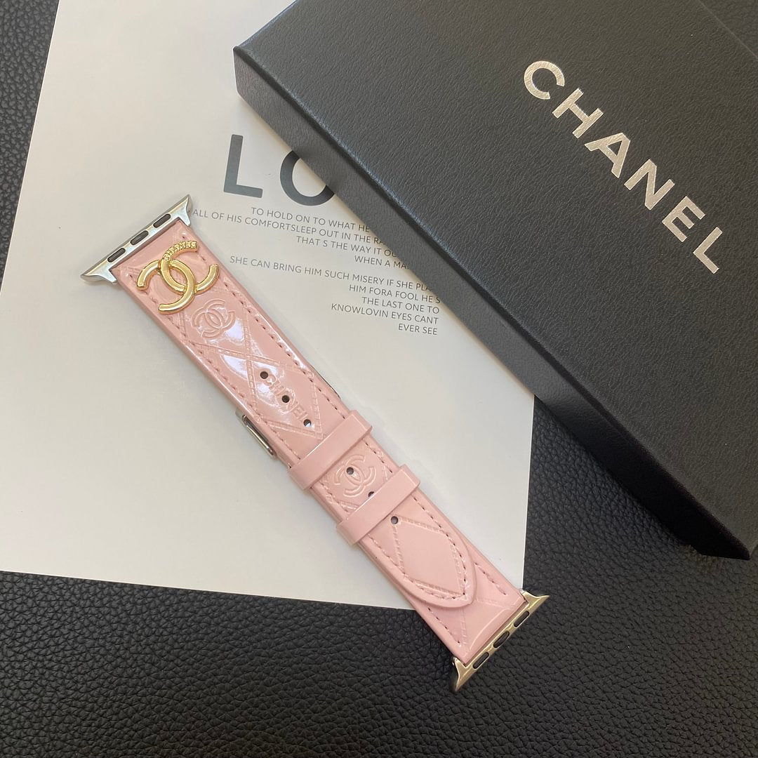 Glossy Leather Apple Watch Strap Luxury Metal Logo - Iphonecasehouse