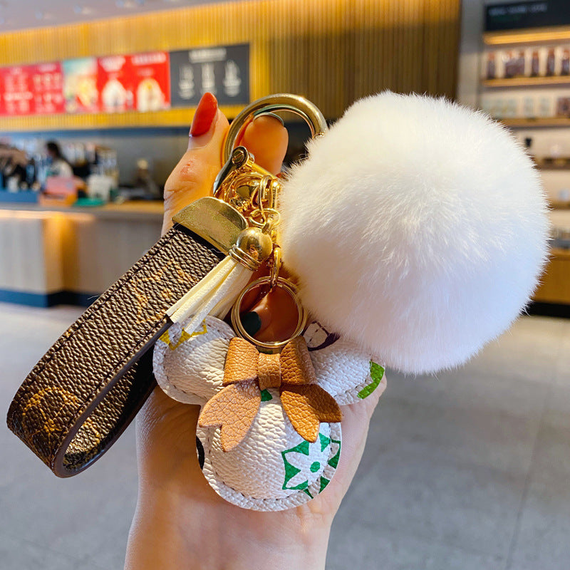 Luxury Mickey Keychain – Faux Leather & Fur Pom Charm for Handbag or Car - Iphonecasehouse