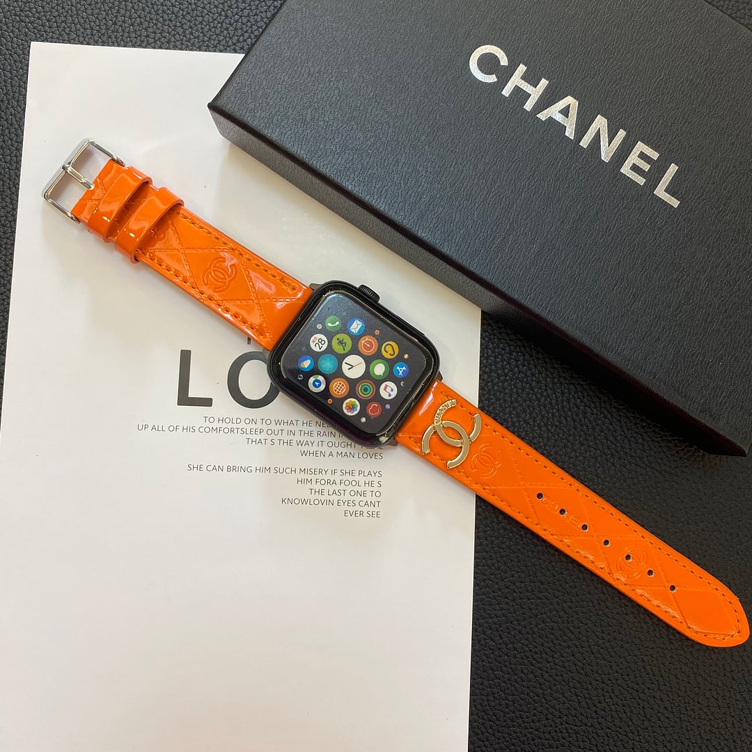 Glossy Leather Apple Watch Strap Luxury Metal Logo - Iphonecasehouse