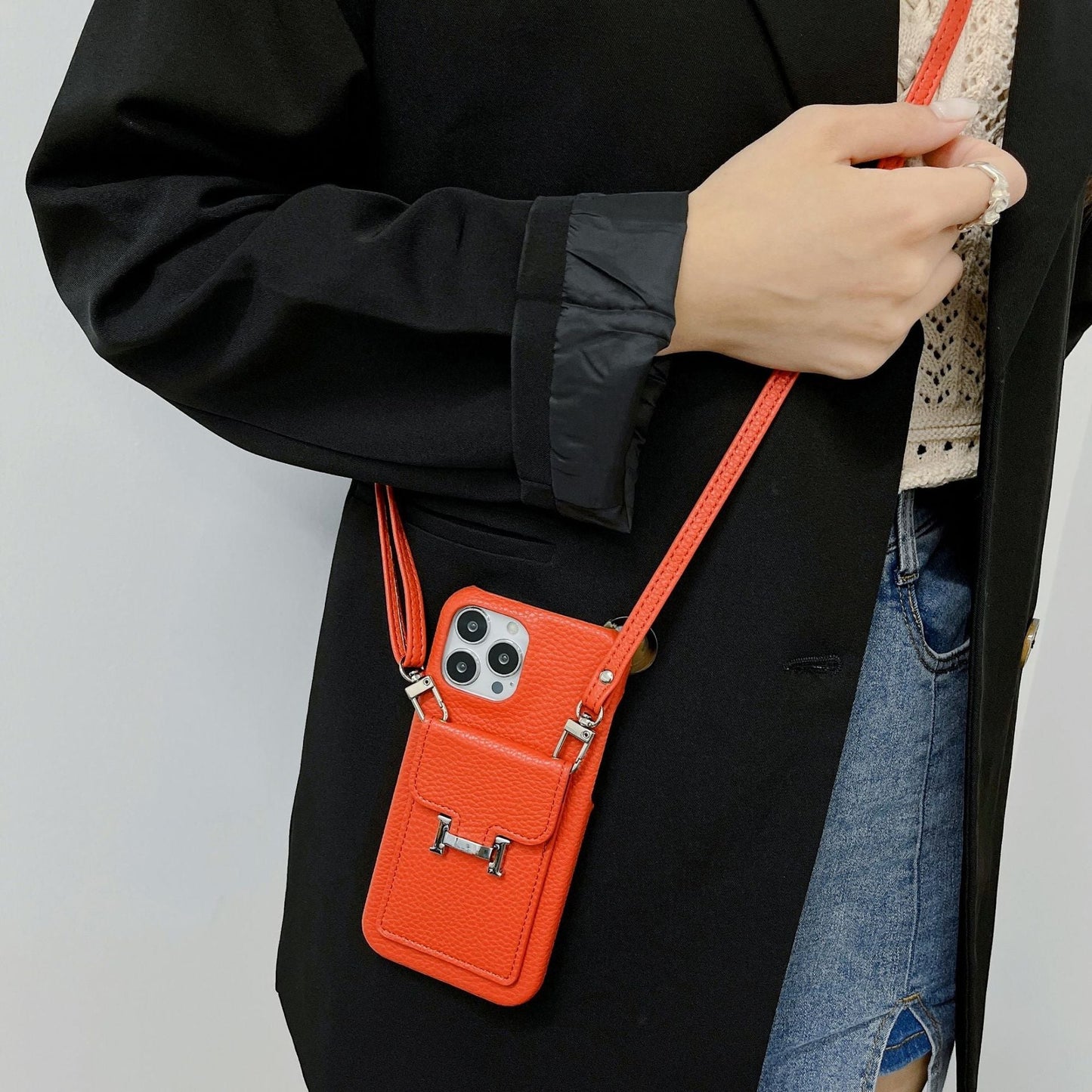 H Card Holder Leather Chain iPhone Case - Iphonecasehouse