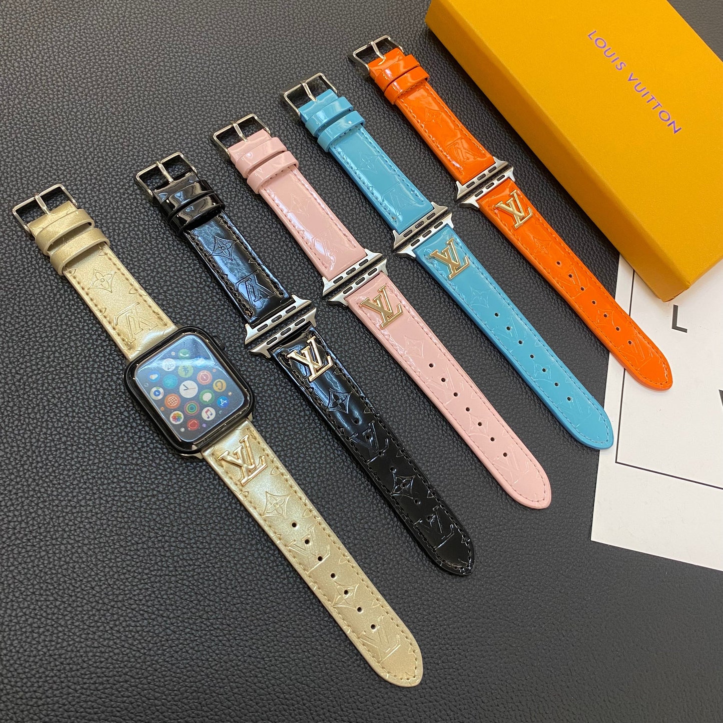 GLOSSY LEATHER APPLE WATCH STRAP LUXURY METAL LOGO - Iphonecasehouse