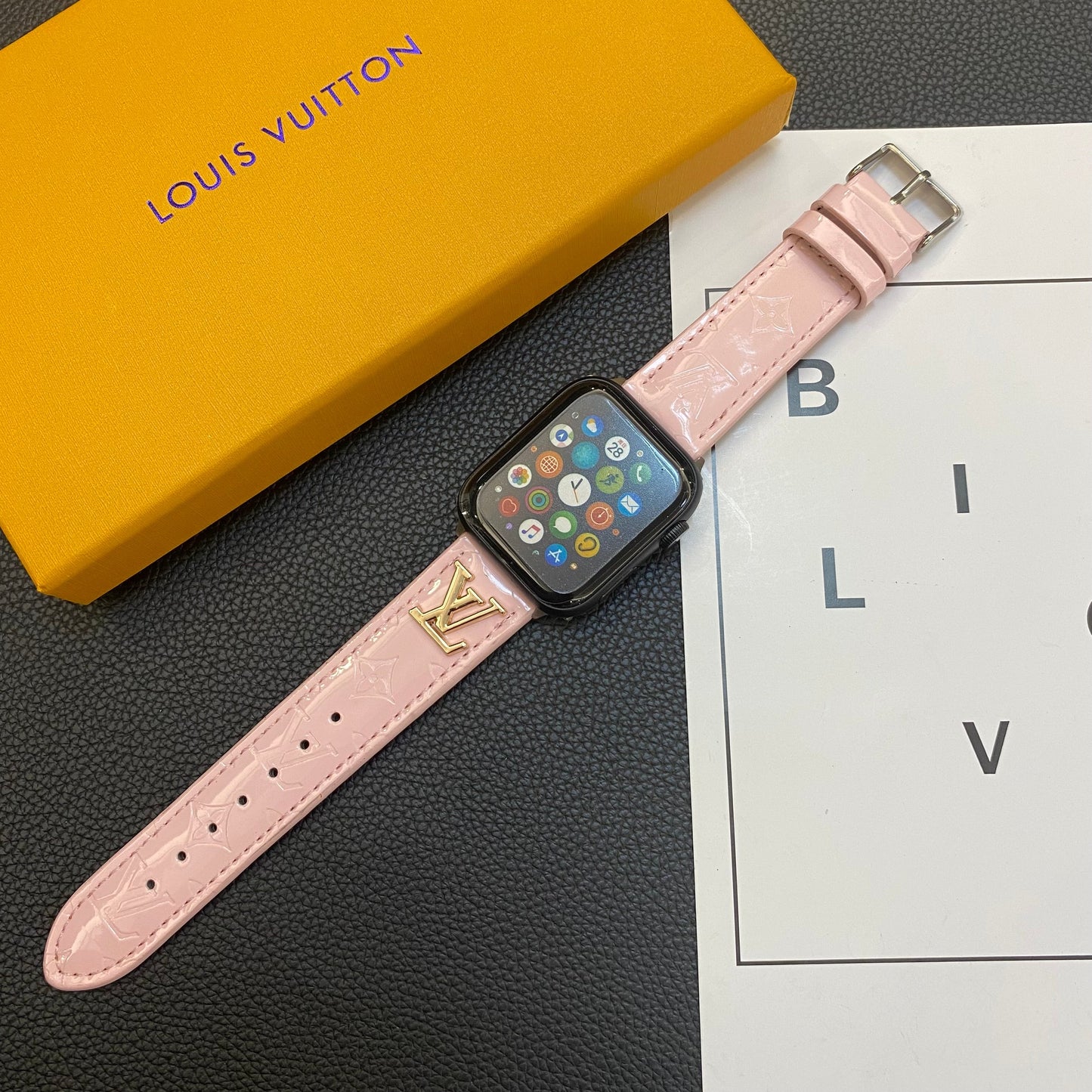 GLOSSY LEATHER APPLE WATCH STRAP LUXURY METAL LOGO - Iphonecasehouse