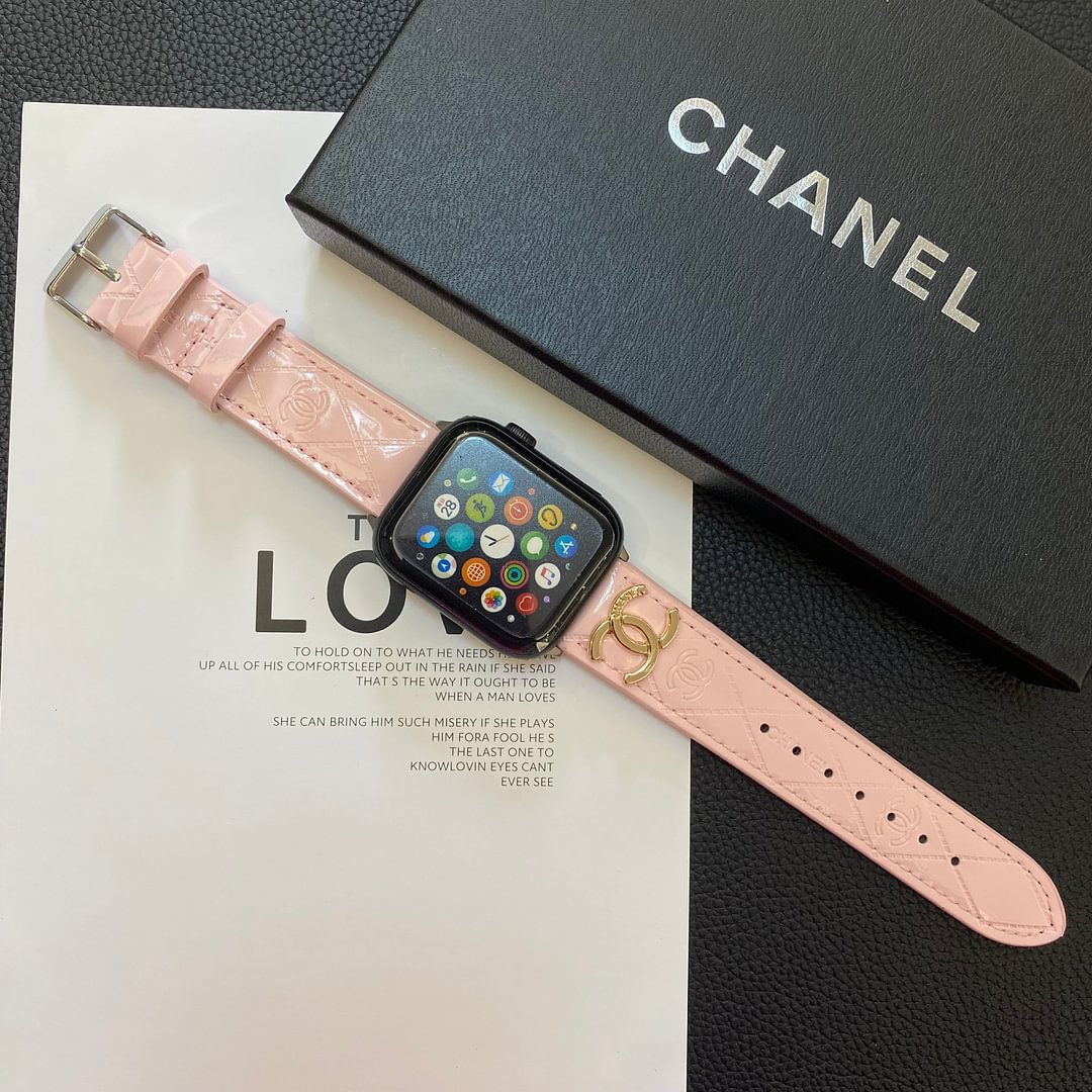 Glossy Leather Apple Watch Strap Luxury Metal Logo - Iphonecasehouse