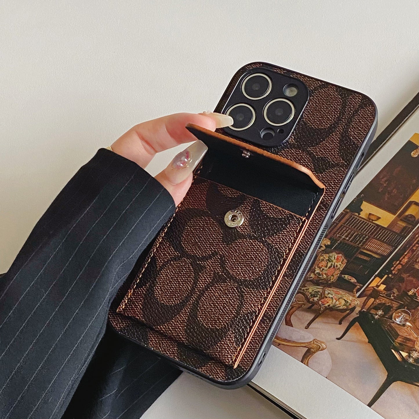 Coach iPhone Case With Wallet Dark Brown-HP240513 - Iphonecasehouse