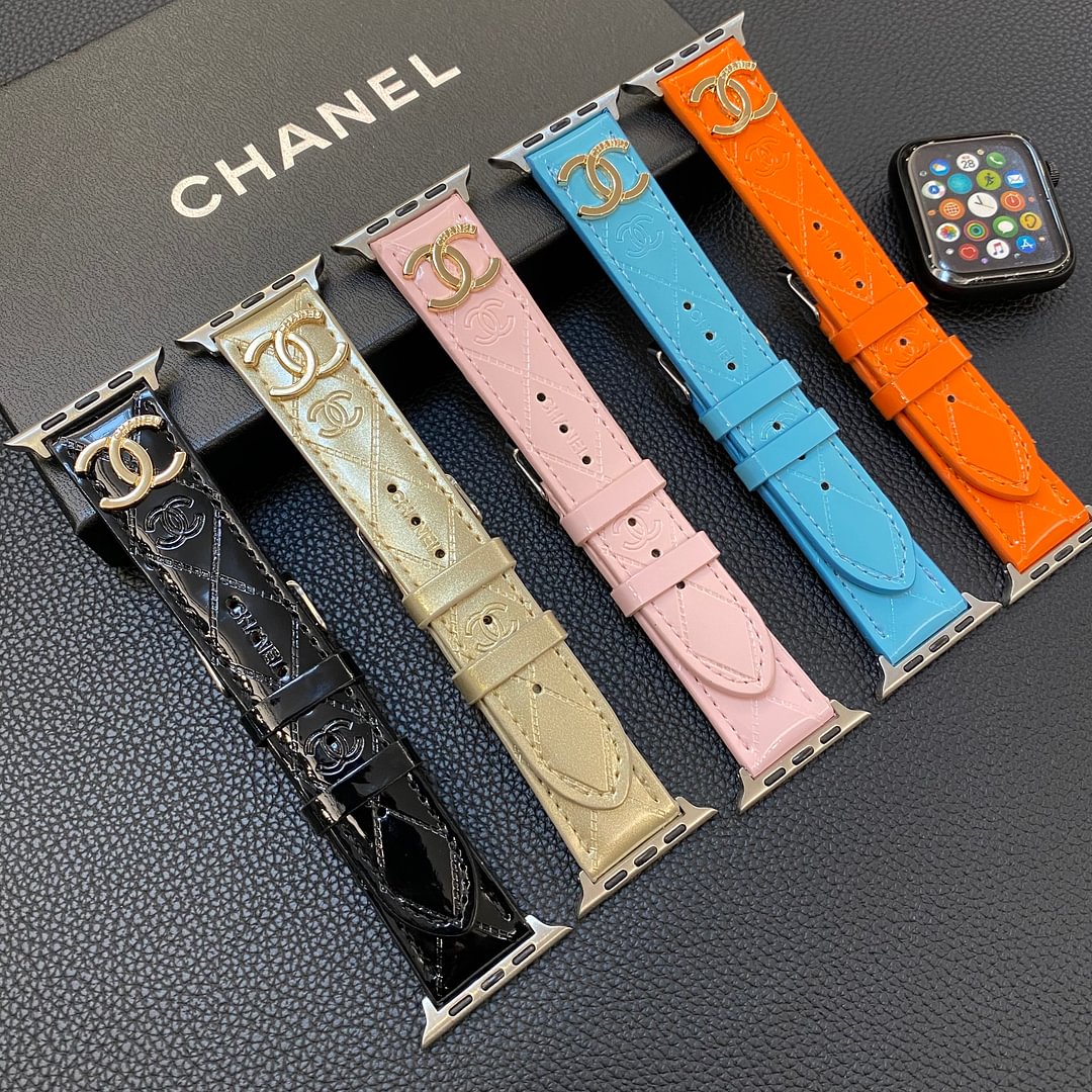 Glossy Leather Apple Watch Strap Luxury Metal Logo - Iphonecasehouse
