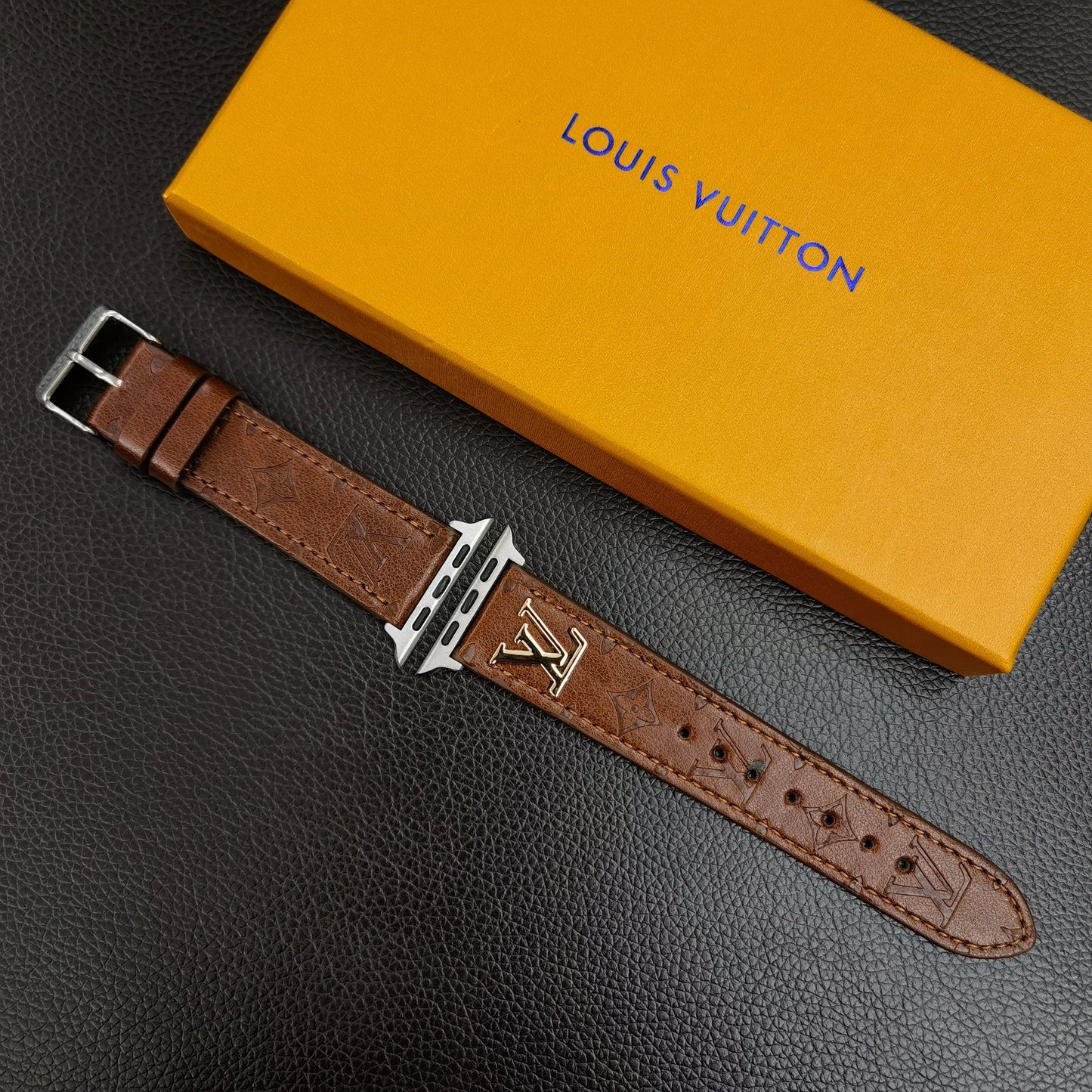 BAND METAL LOGO 3D EMBOSSED MONOGRAM LEATHER APPLE WATCH - Iphonecasehouse