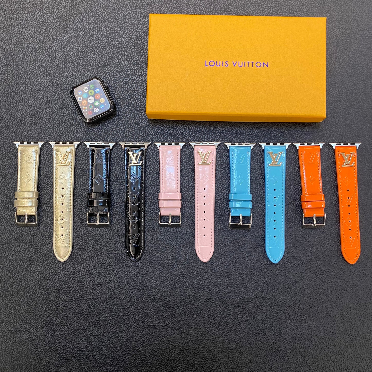 GLOSSY LEATHER APPLE WATCH STRAP LUXURY METAL LOGO - Iphonecasehouse