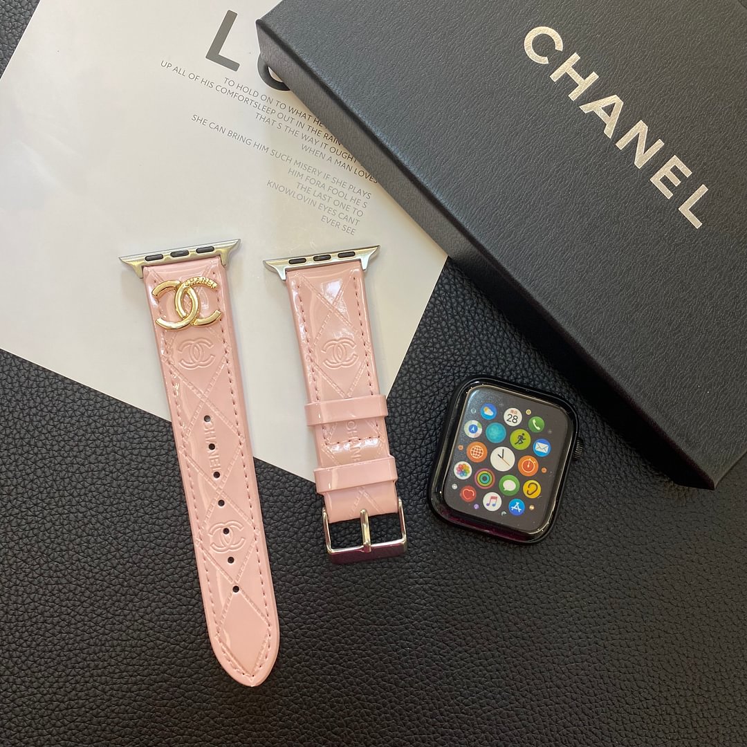 Glossy Leather Apple Watch Strap Luxury Metal Logo - Iphonecasehouse