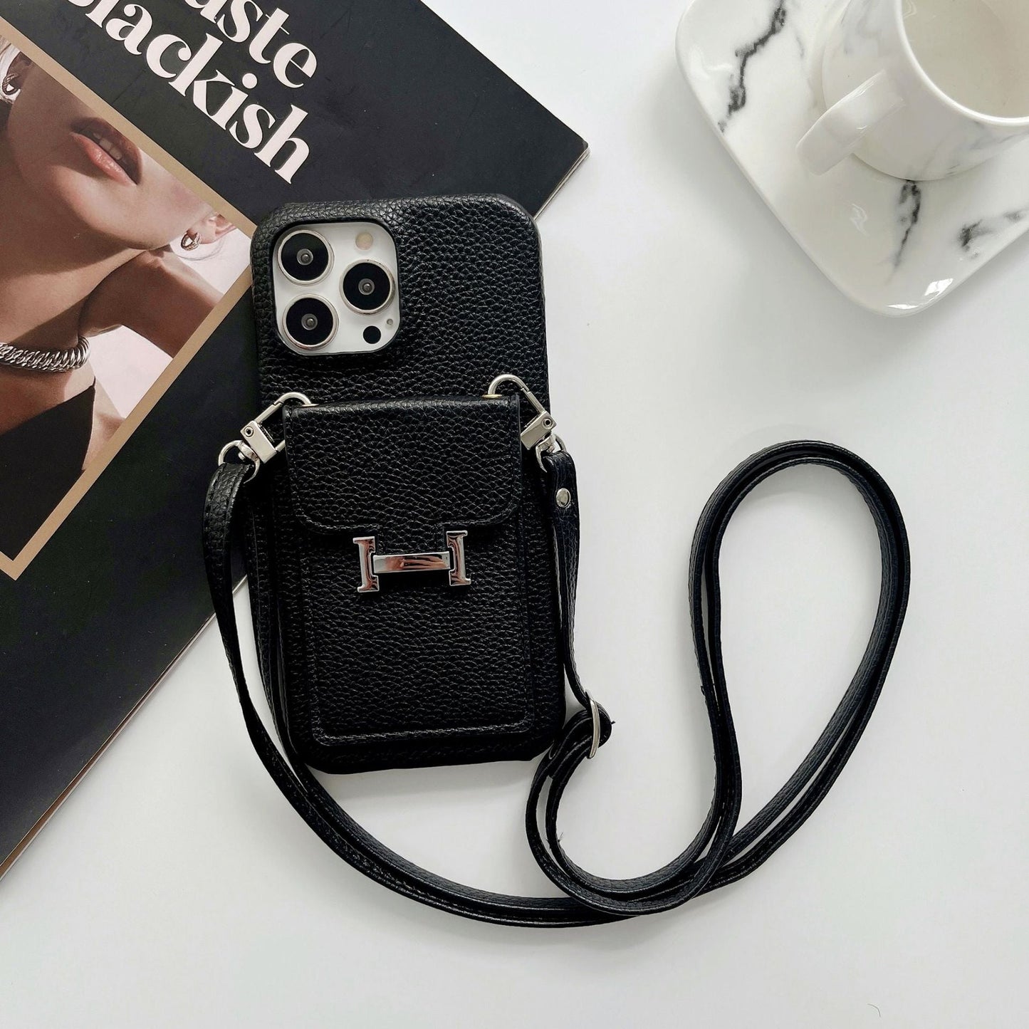 H Card Holder Leather Chain iPhone Case - Iphonecasehouse