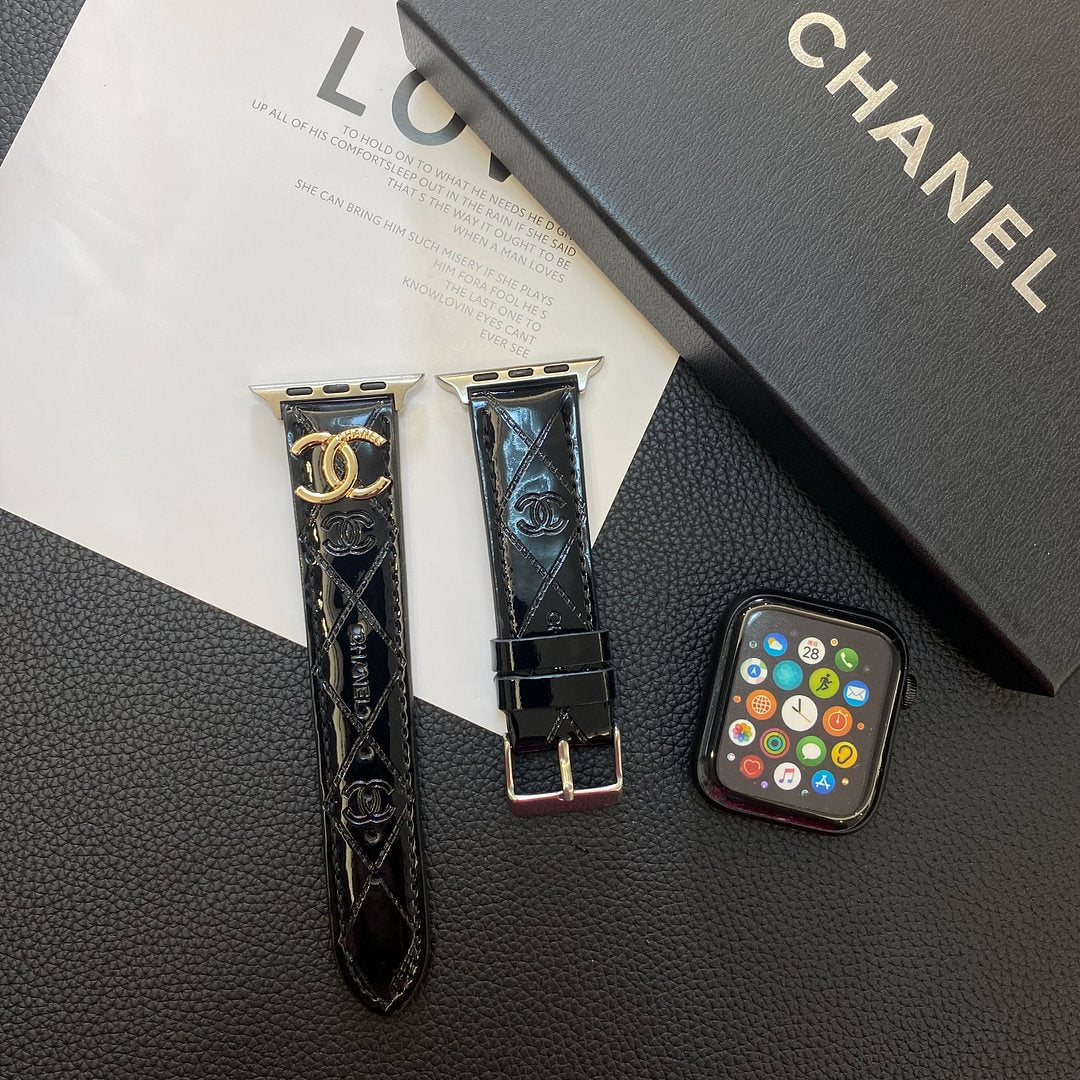 Glossy Leather Apple Watch Strap Luxury Metal Logo - Iphonecasehouse