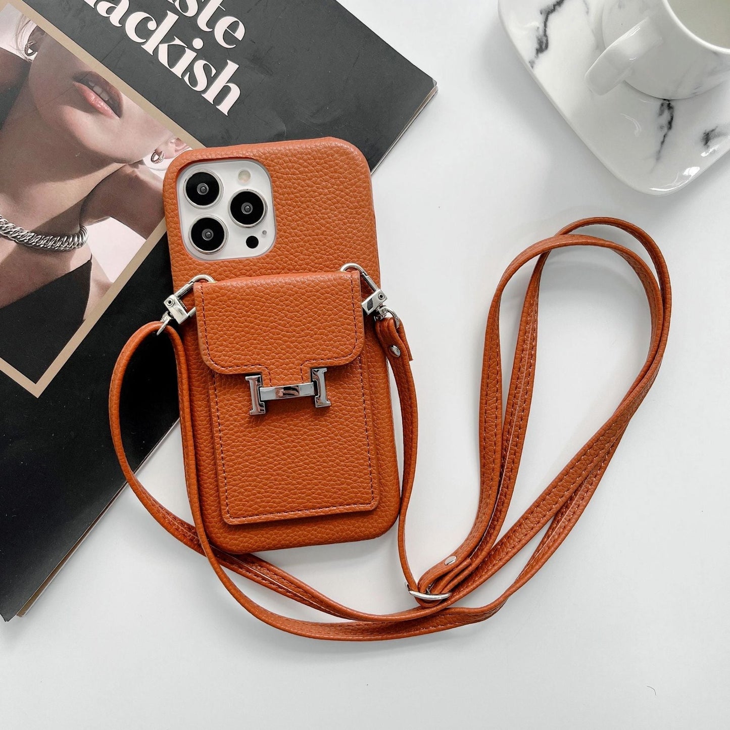 H Card Holder Leather Chain iPhone Case - Iphonecasehouse