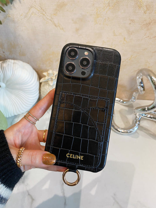 Alligator Print Celine iPhone Case With Card Holder And Strap Blcak -EYP241415 - Iphonecasehouse