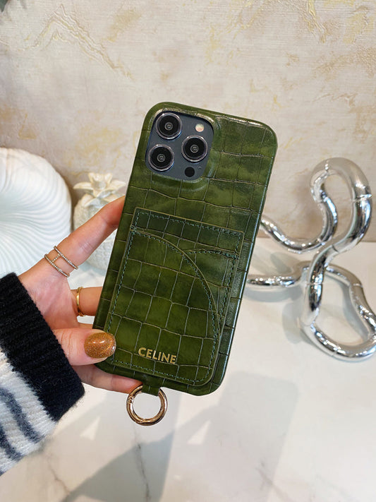 Alligator Print Celine iPhone Case With Card Holder And Strap Green -EYP241415 - Iphonecasehouse