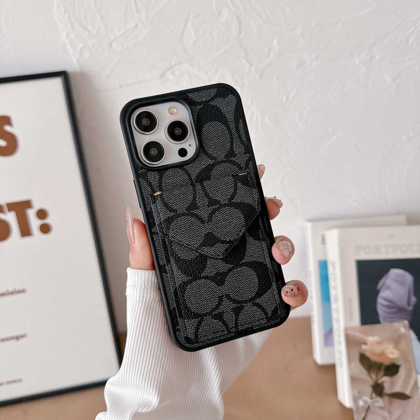 Coach iPhone Case With Card Holder And Strap Light Black -SJ240513 - Iphonecasehouse
