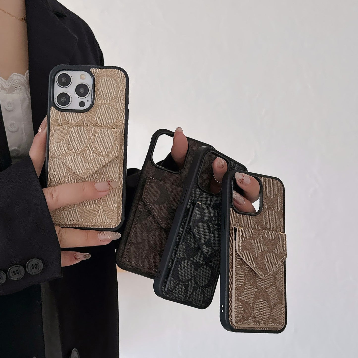 Coach iPhone Case With Card Holder And Strap Light Black -SJ240513 - Iphonecasehouse