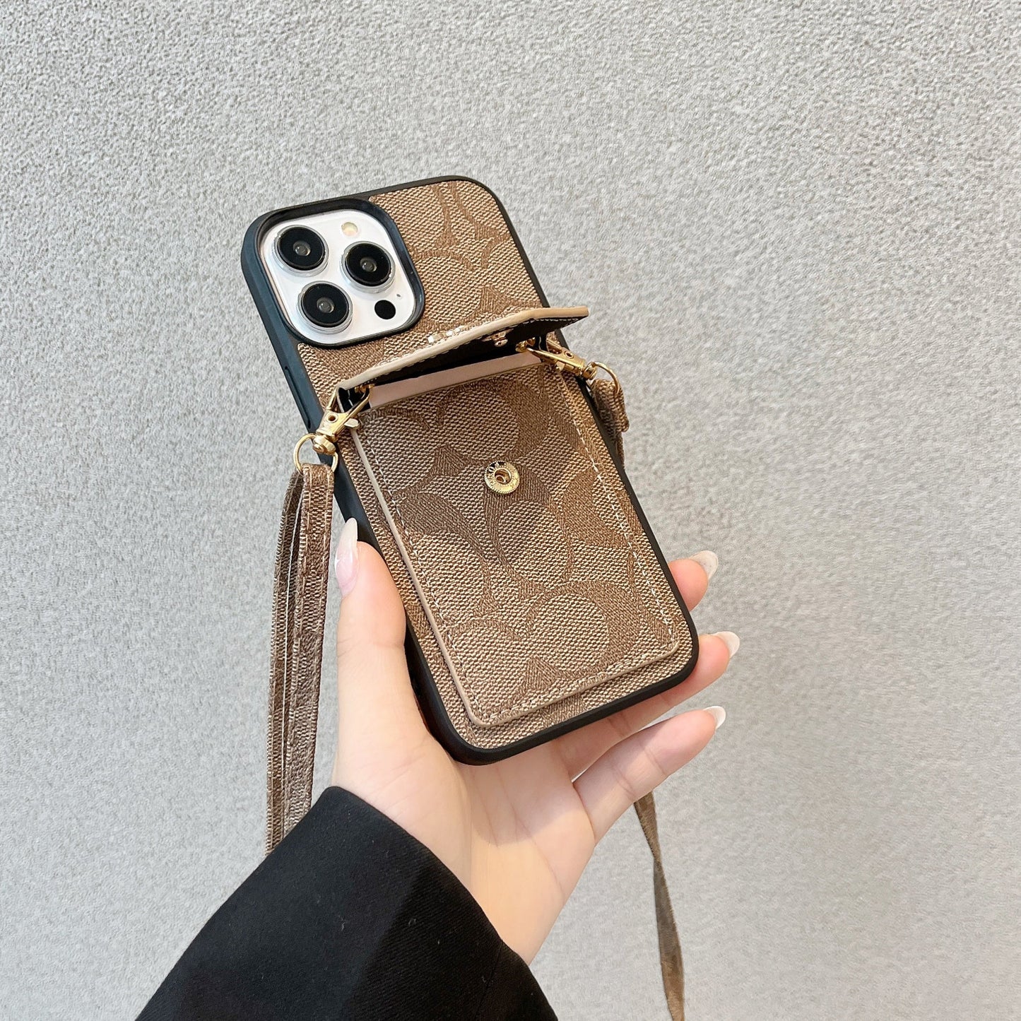 Coach iPhone Case With Card Holder And Strap Light Brown -SJ240513 - Iphonecasehouse