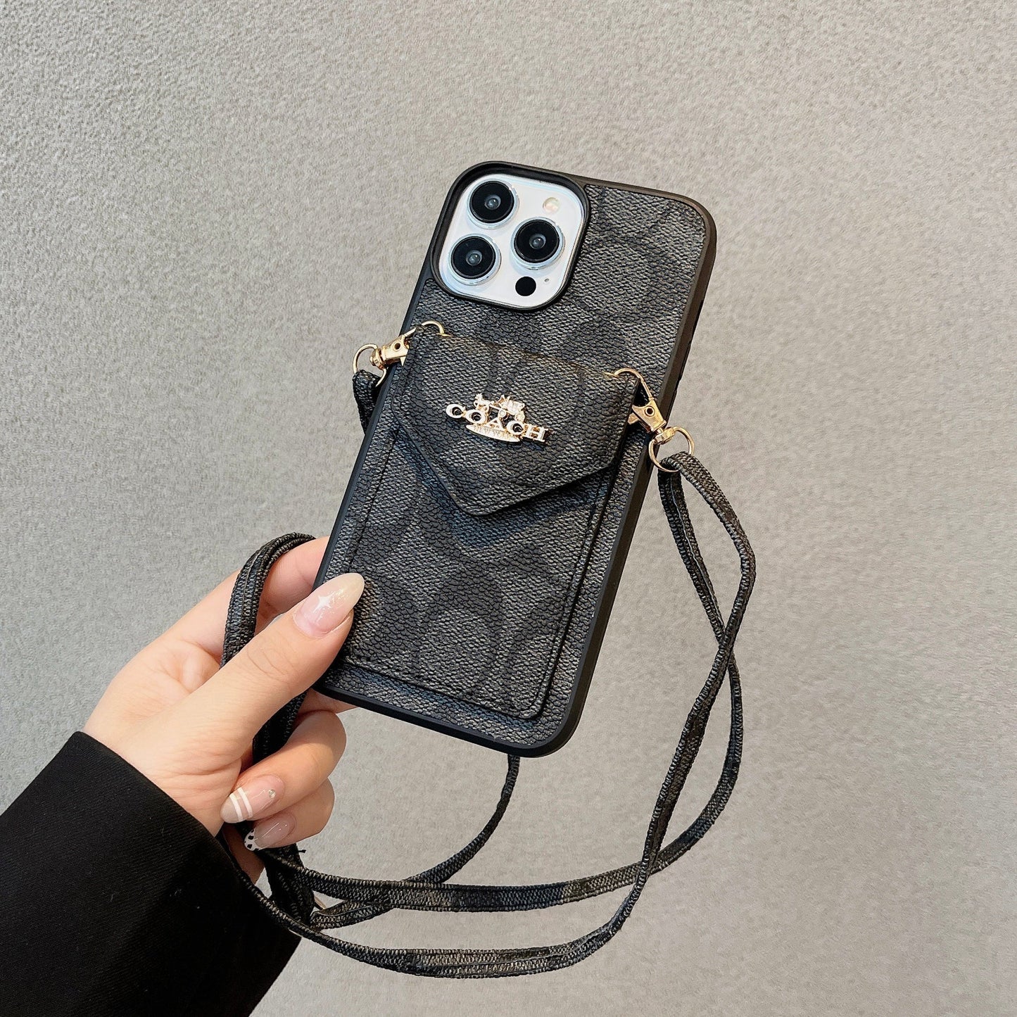 Coach iPhone Case With Card Holder And Strap Light Black -SJ240513 - Iphonecasehouse