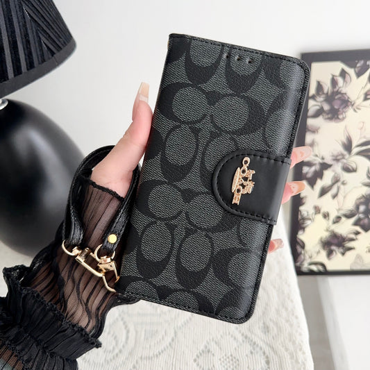 Coach iPhone Case Leather Flip Case with Card Holder Black-PTK241622 - Iphonecasehouse