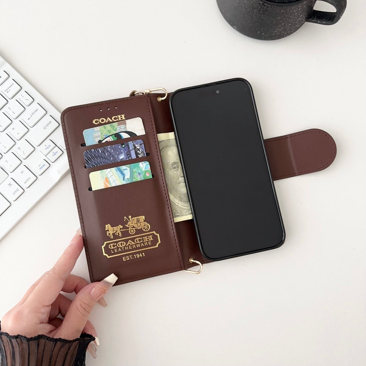 Coach iPhone Case Leather Flip Case with Card Holder Brown-PTK241622 - Iphonecasehouse