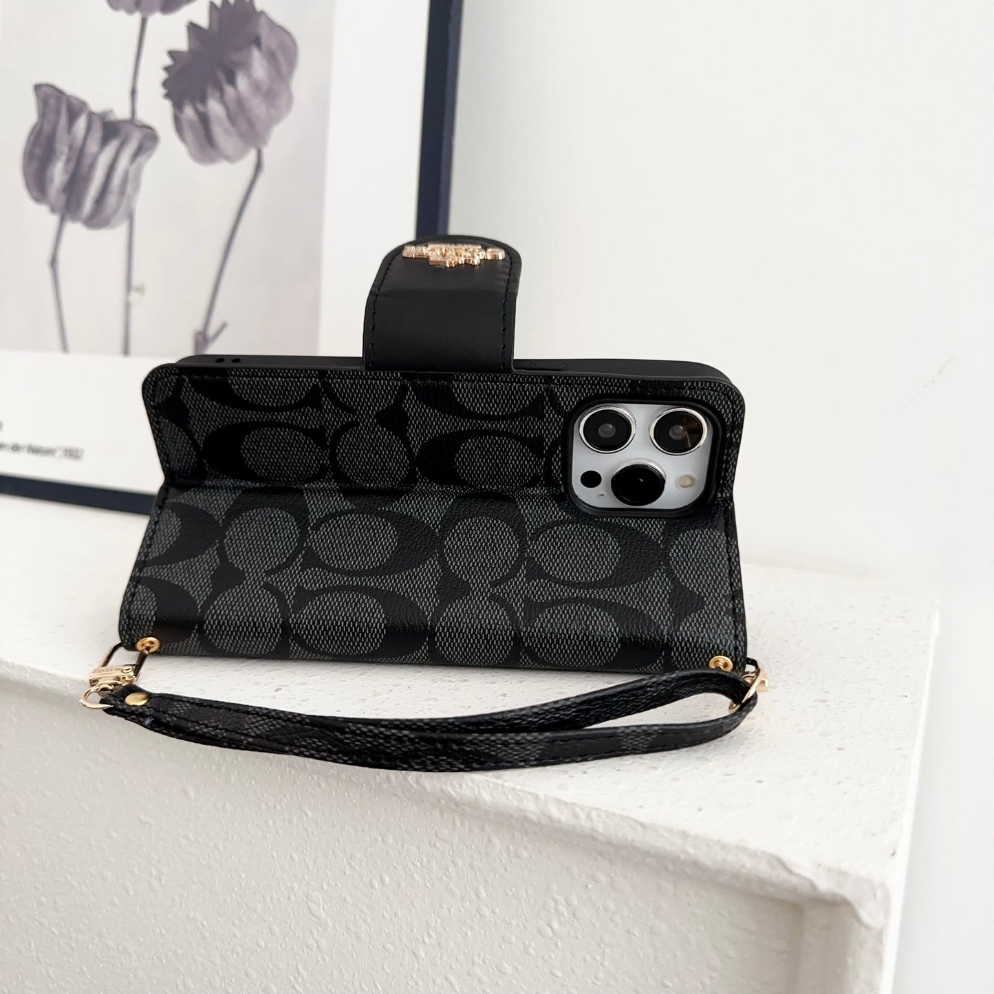 Coach iPhone Case Leather Flip Case with Card Holder Black-PTK241622 - Iphonecasehouse