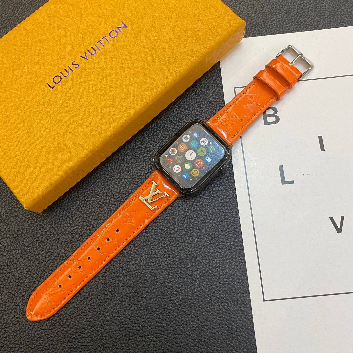 GLOSSY LEATHER APPLE WATCH STRAP LUXURY METAL LOGO - Iphonecasehouse