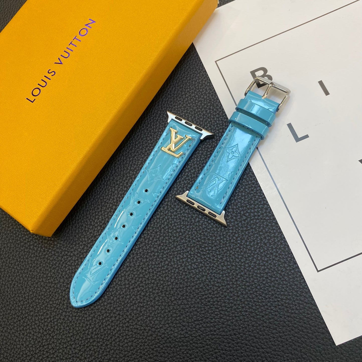 GLOSSY LEATHER APPLE WATCH STRAP LUXURY METAL LOGO - Iphonecasehouse