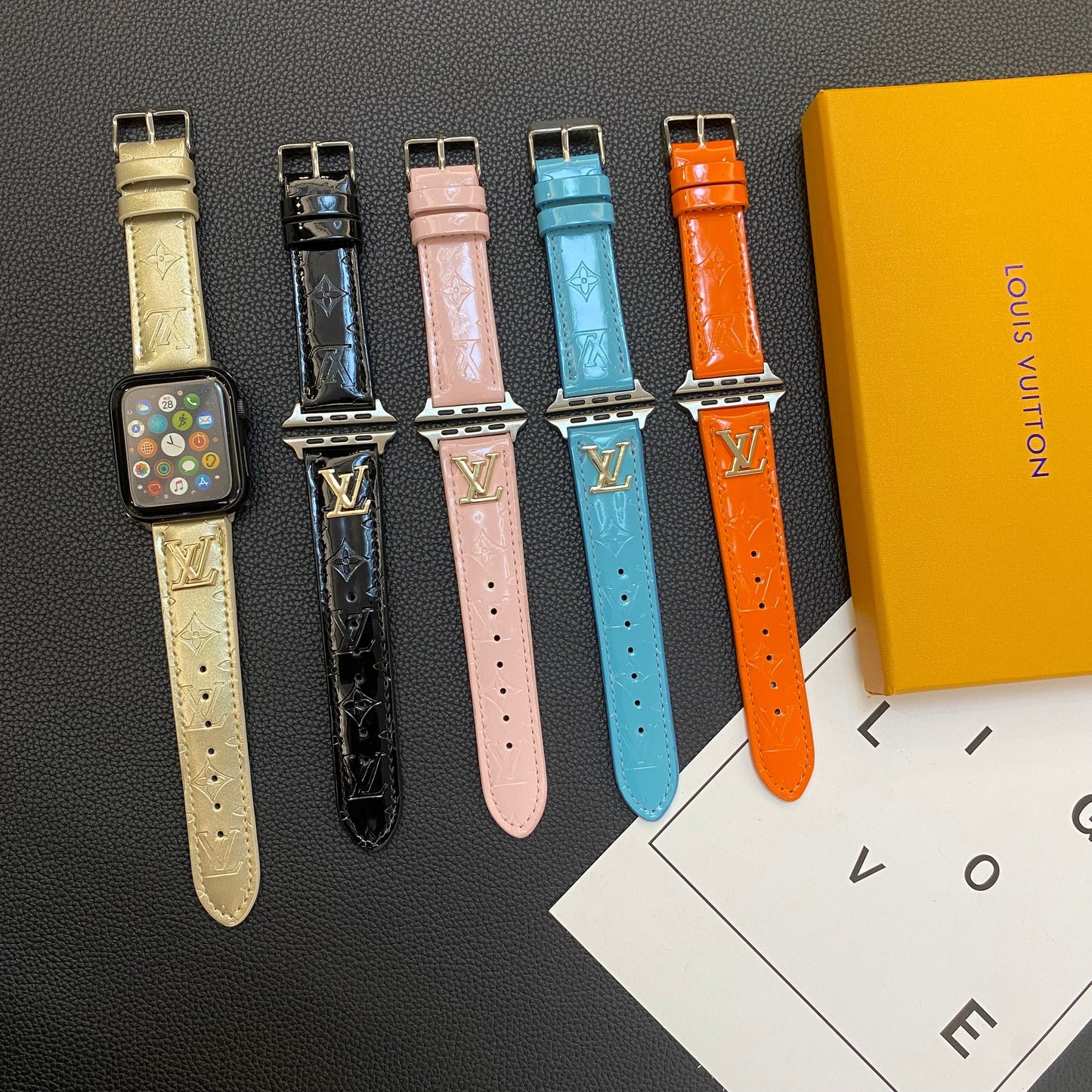 GLOSSY LEATHER APPLE WATCH STRAP LUXURY METAL LOGO - Iphonecasehouse