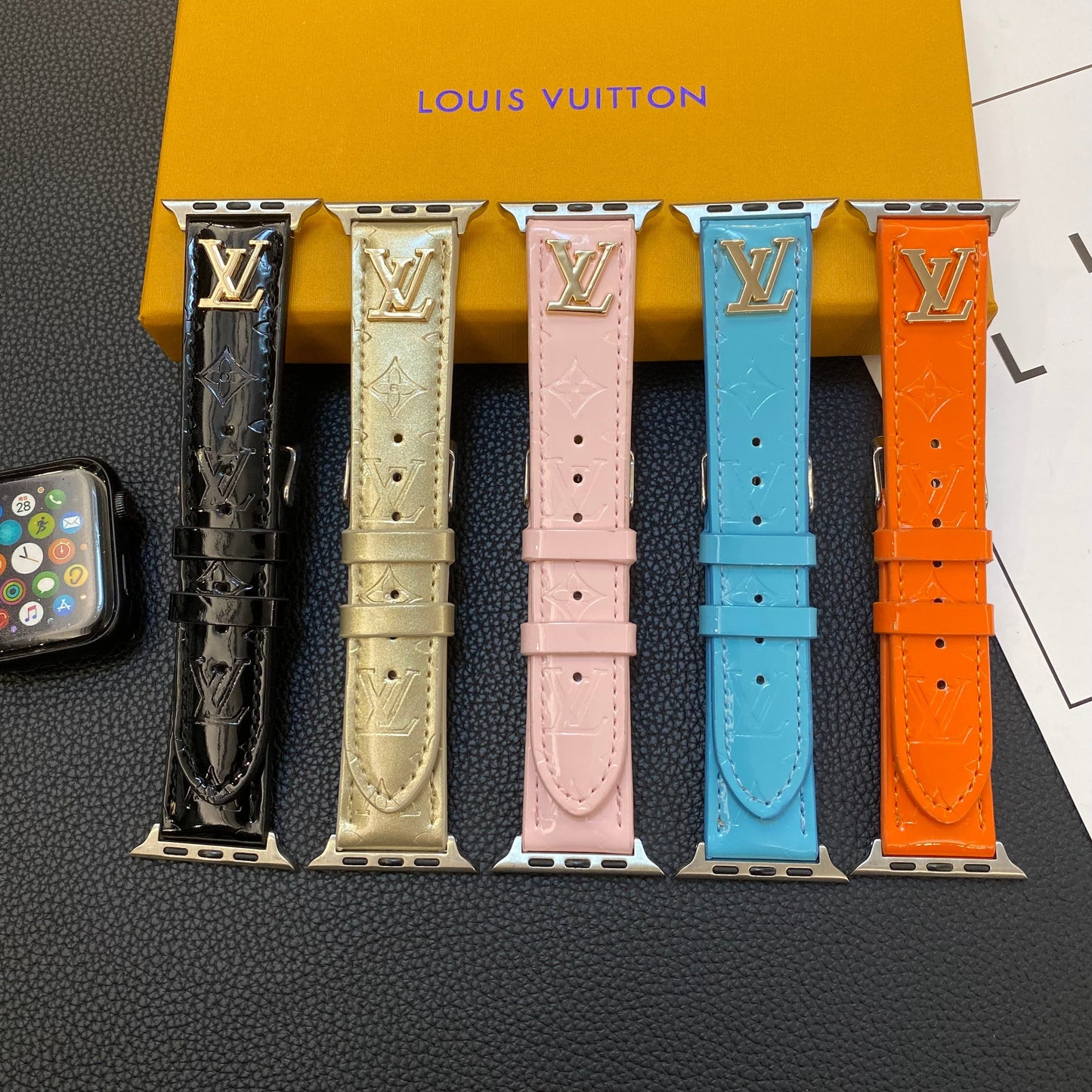 GLOSSY LEATHER APPLE WATCH STRAP LUXURY METAL LOGO - Iphonecasehouse