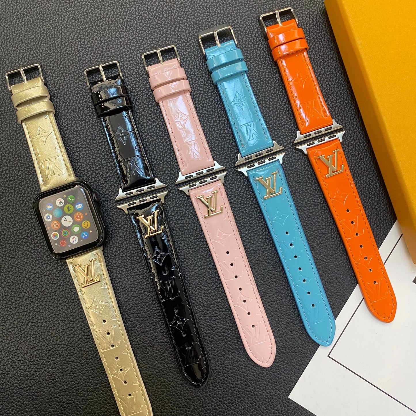 GLOSSY LEATHER APPLE WATCH STRAP LUXURY METAL LOGO - Iphonecasehouse