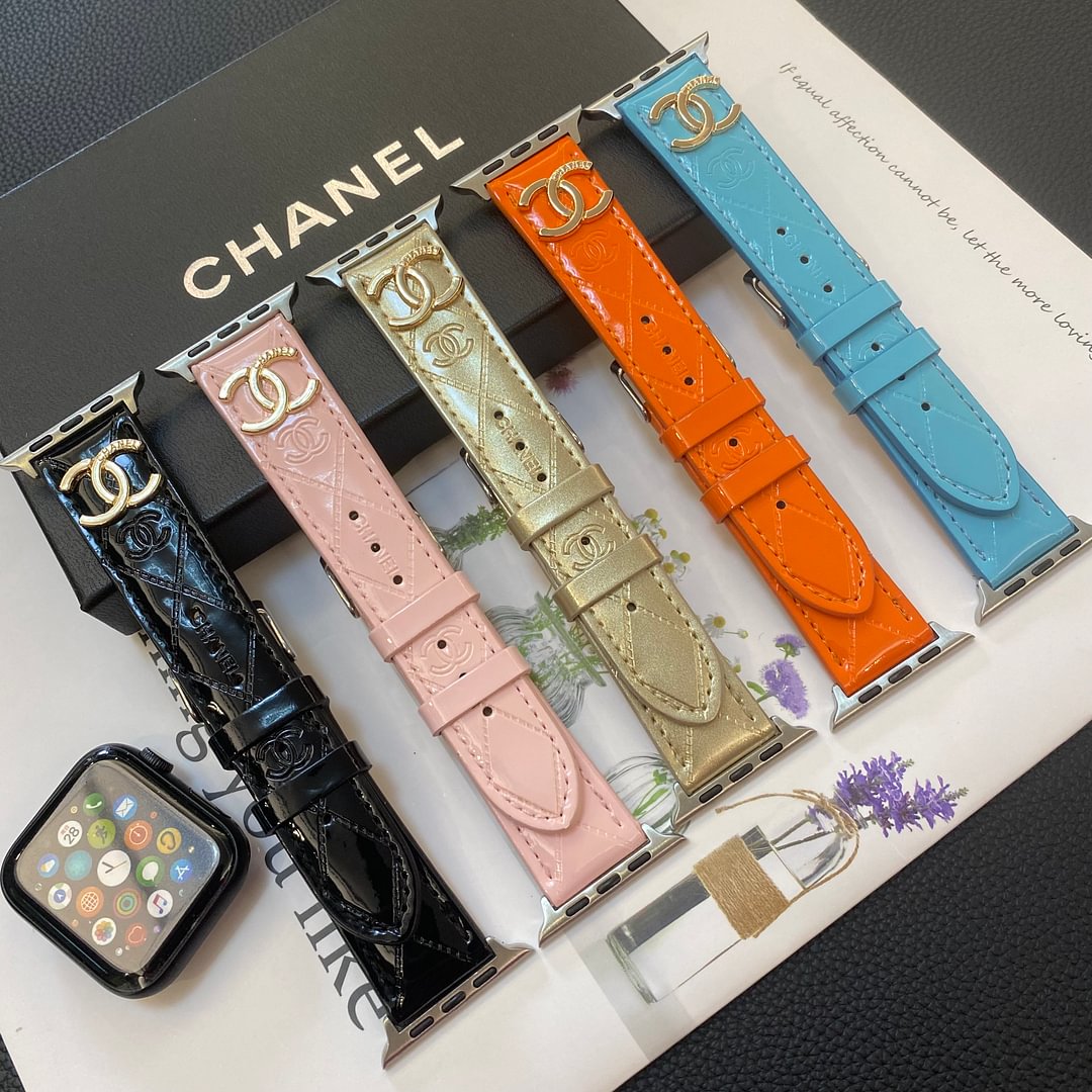 Glossy Leather Apple Watch Strap Luxury Metal Logo - Iphonecasehouse
