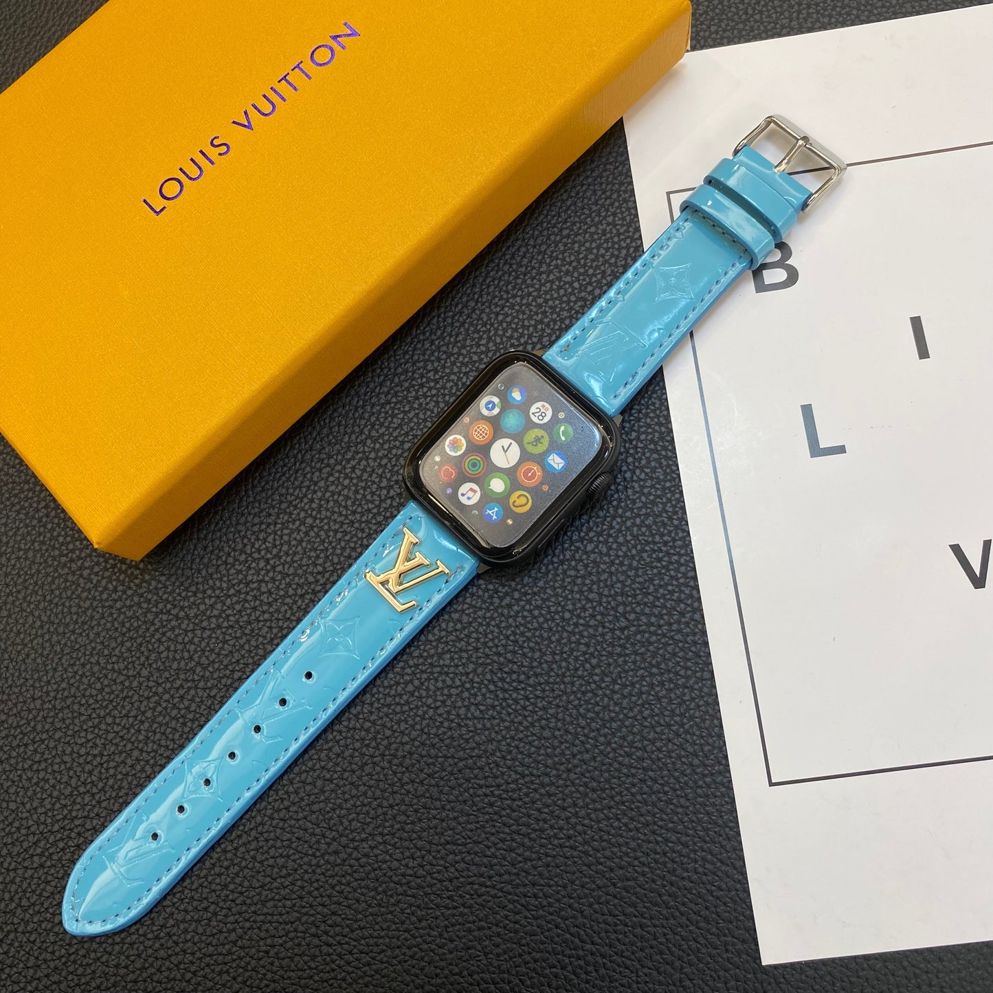GLOSSY LEATHER APPLE WATCH STRAP LUXURY METAL LOGO - Iphonecasehouse