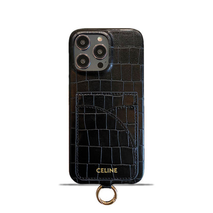 Alligator Print Celine iPhone Case With Card Holder And Strap Blcak -EYP241415 - Iphonecasehouse