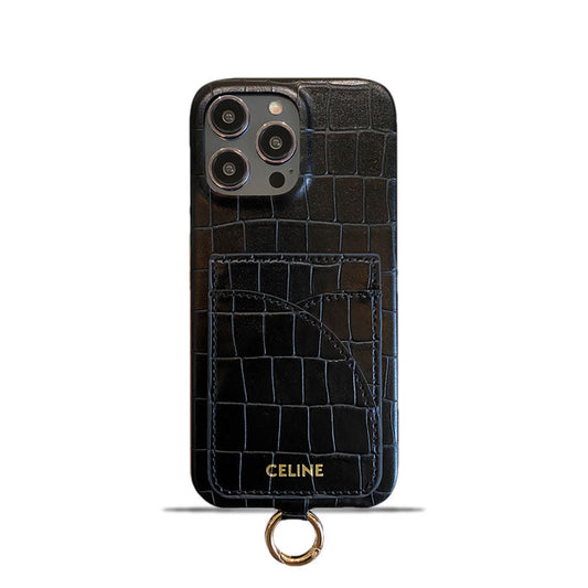 Alligator Print Celine iPhone Case With Card Holder And Strap Blcak -EYP241415 - Iphonecasehouse