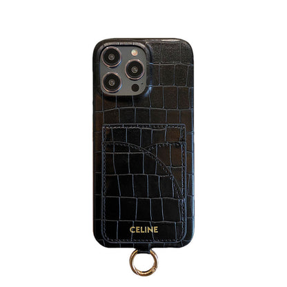 Alligator Print Celine iPhone Case With Card Holder And Strap Blcak -EYP241415 - Iphonecasehouse