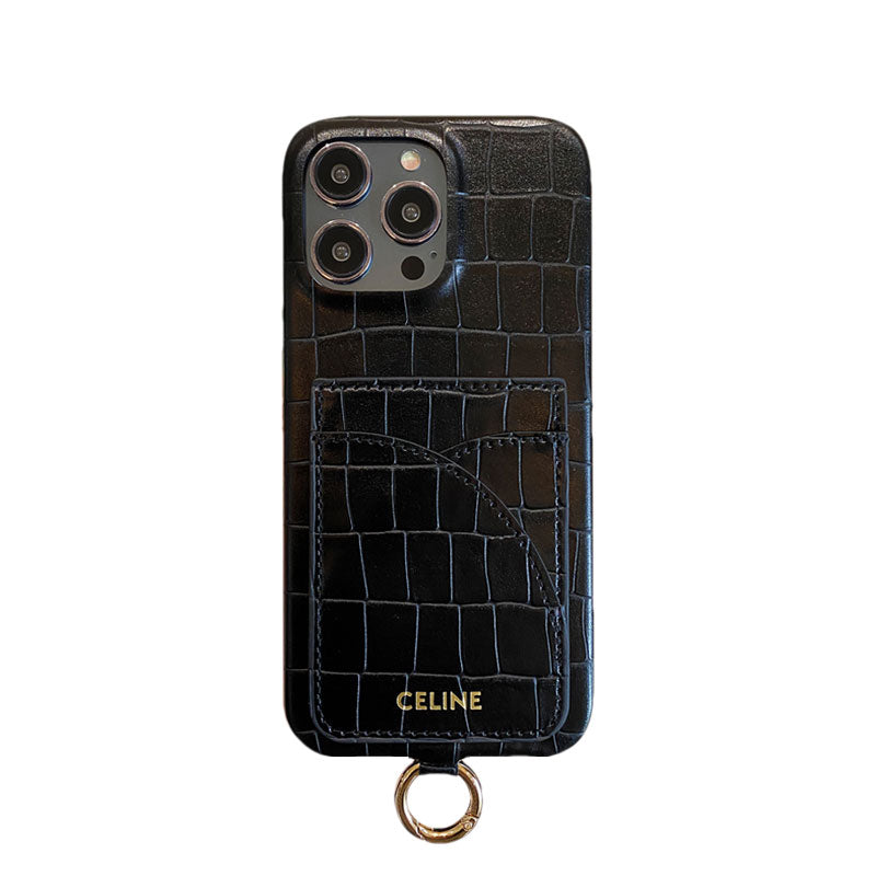 Alligator Print Celine iPhone Case With Card Holder And Strap Brown -EYP241415 - Iphonecasehouse