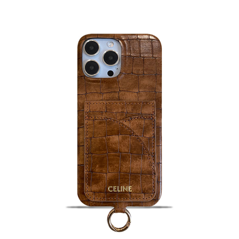 Alligator Print Celine iPhone Case With Card Holder And Strap Brown -EYP241415 - Iphonecasehouse