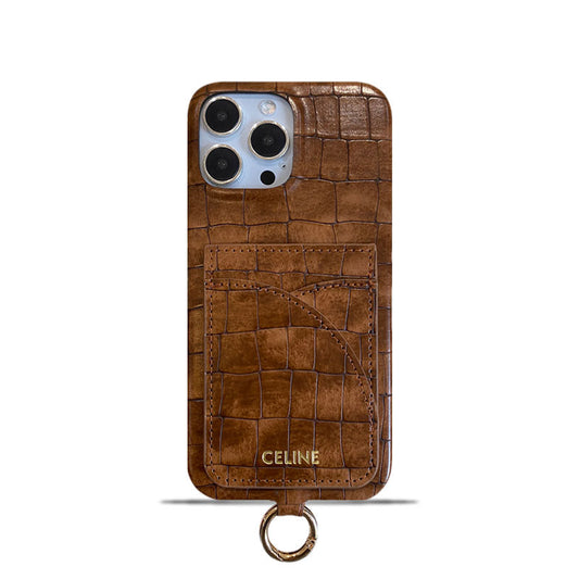 Alligator Print Celine iPhone Case With Card Holder And Strap Brown -EYP241415 - Iphonecasehouse