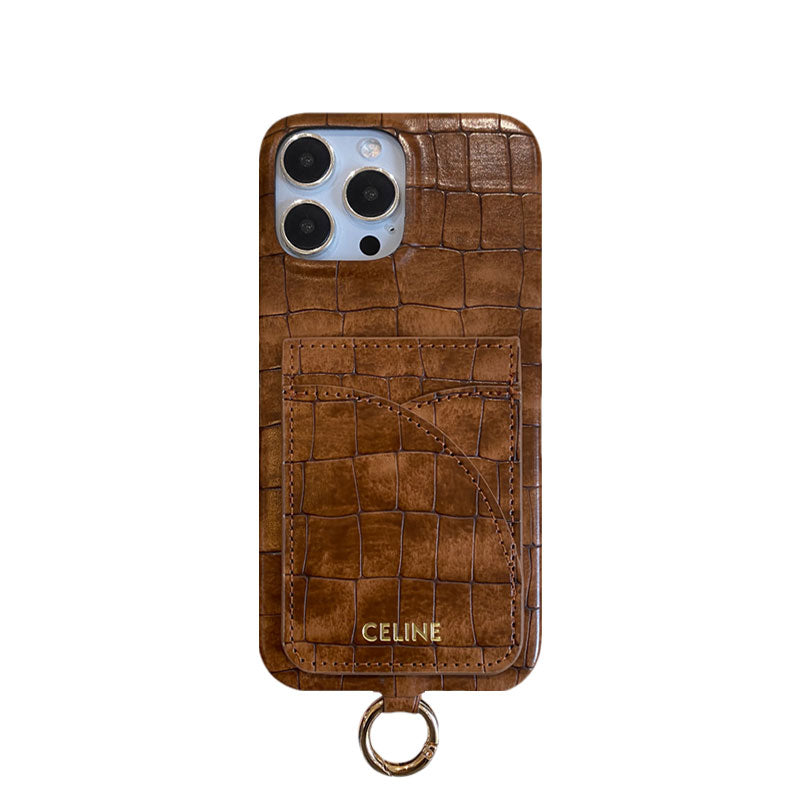 Alligator Print Celine iPhone Case With Card Holder And Strap Brown -EYP241415 - Iphonecasehouse