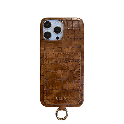 Alligator Print Celine iPhone Case With Card Holder And Strap Brown -EYP241415 - Iphonecasehouse