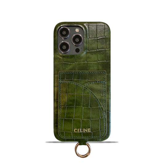 Alligator Print Celine iPhone Case With Card Holder And Strap Green -EYP241415 - Iphonecasehouse