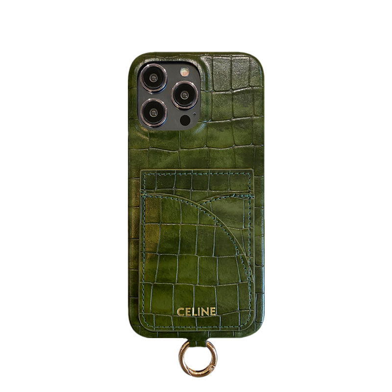 Alligator Print Celine iPhone Case With Card Holder And Strap Brown -EYP241415 - Iphonecasehouse