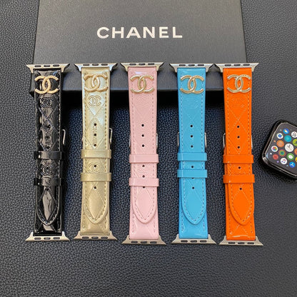 Glossy Leather Apple Watch Strap Luxury Metal Logo - Iphonecasehouse