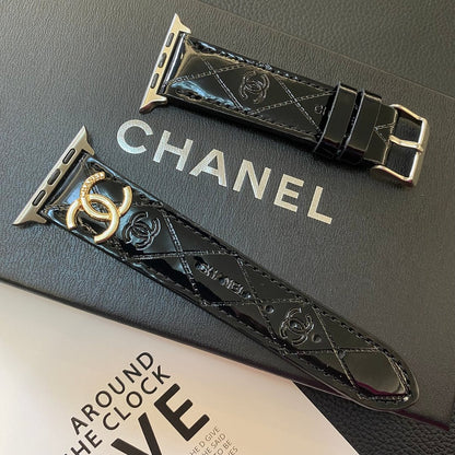 Glossy Leather Apple Watch Strap Luxury Metal Logo - Iphonecasehouse