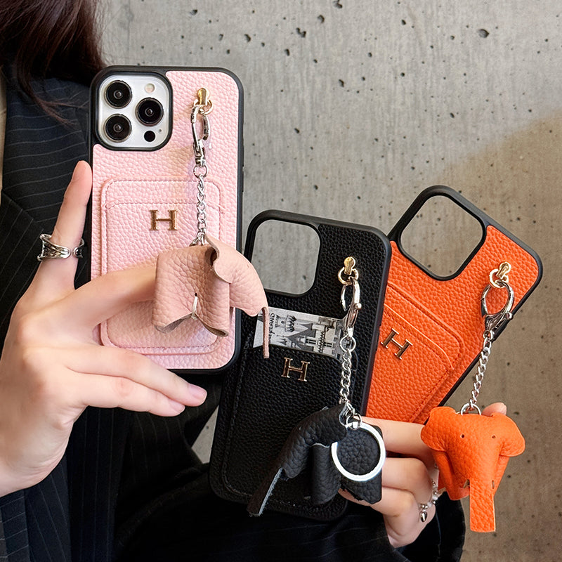 H Card Holder Leather Pendant iPhone Case - Iphonecasehouse