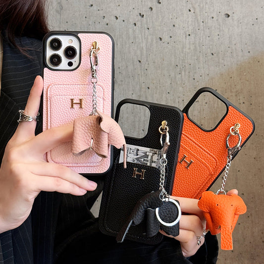 H Card Holder Leather Pendant iPhone Case - Iphonecasehouse