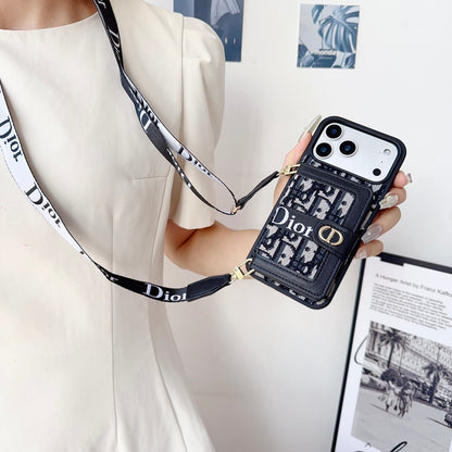 Iphone 17 Dior Advanced leather iPhone Case With Card Wallet And Strap