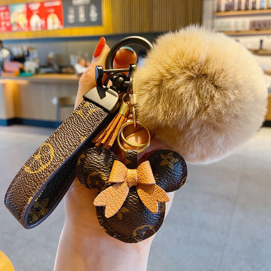 Luxury Mickey Keychain – Faux Leather & Fur Pom Charm for Handbag or Car - Iphonecasehouse