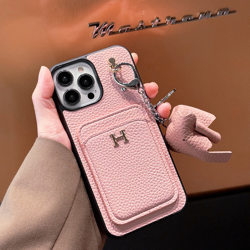 H Card Holder Leather Pendant iPhone Case - Iphonecasehouse