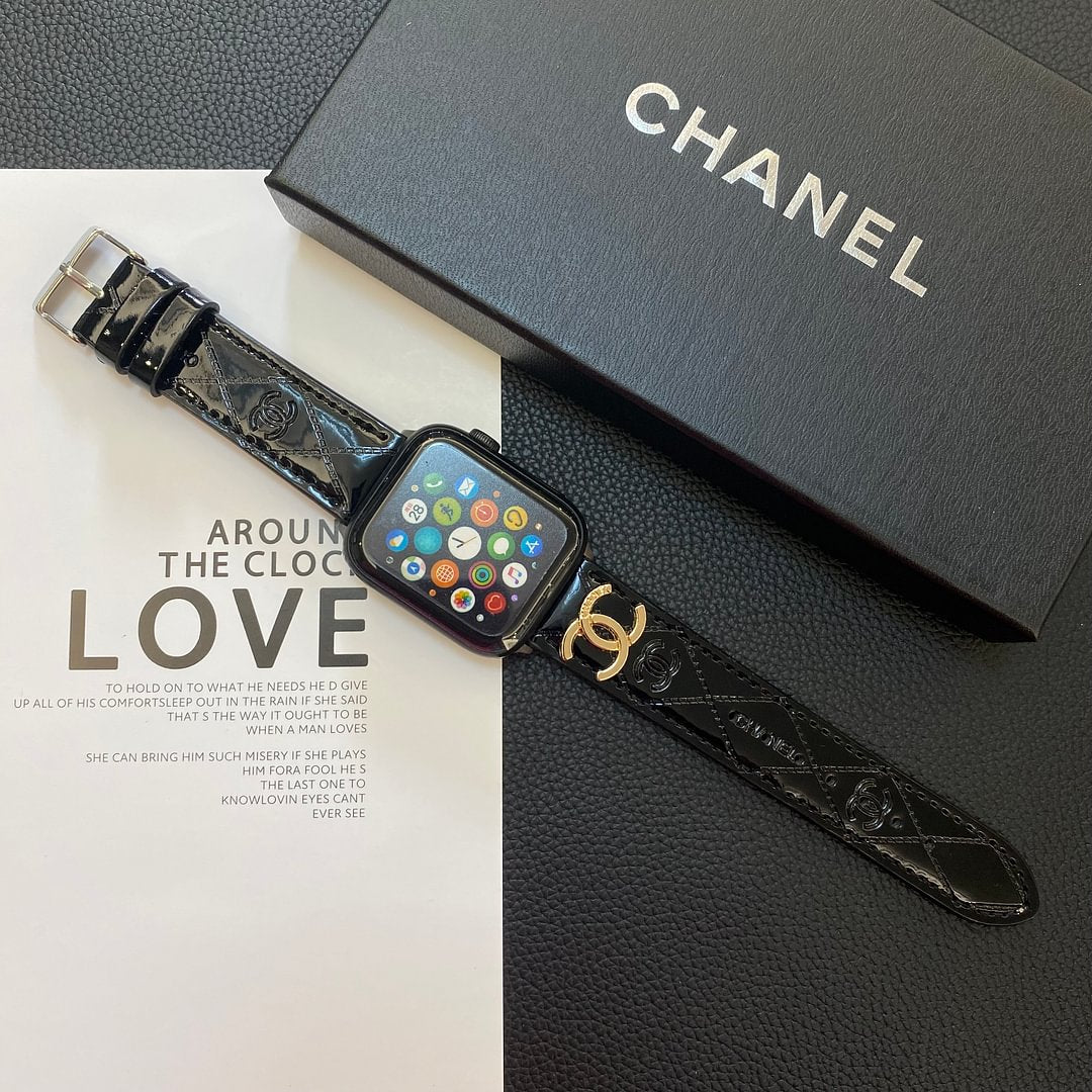 Glossy Leather Apple Watch Strap Luxury Metal Logo - Iphonecasehouse