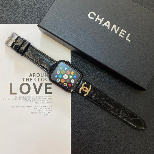 Glossy Leather Apple Watch Strap Luxury Metal Logo - Iphonecasehouse